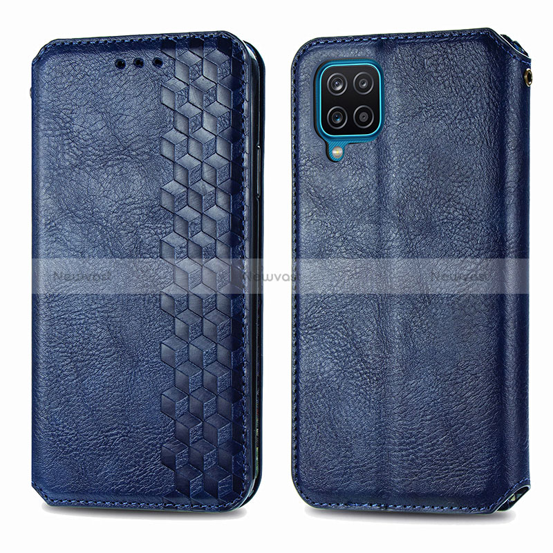 Leather Case Stands Flip Cover Holder S01D for Samsung Galaxy M12 Blue