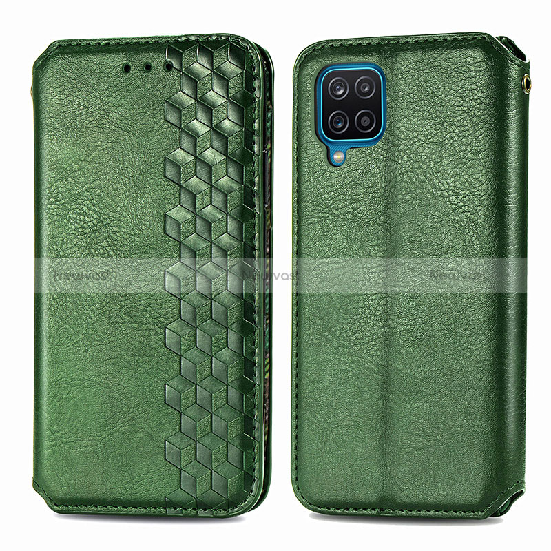 Leather Case Stands Flip Cover Holder S01D for Samsung Galaxy M12 Green