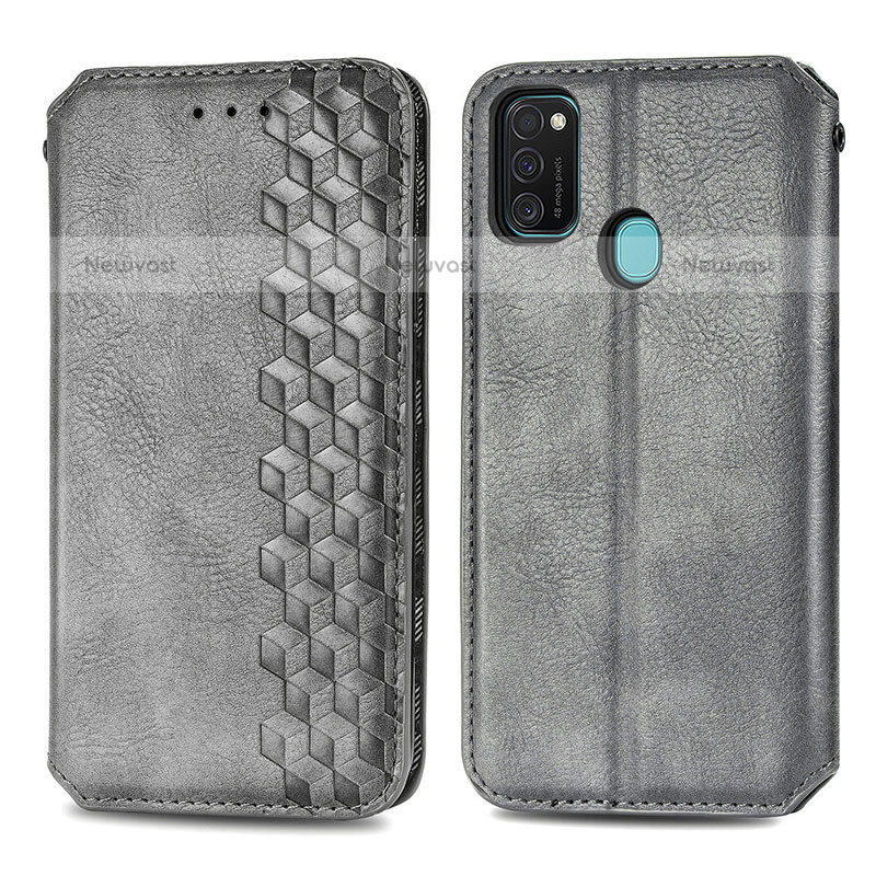 Leather Case Stands Flip Cover Holder S01D for Samsung Galaxy M21 Gray