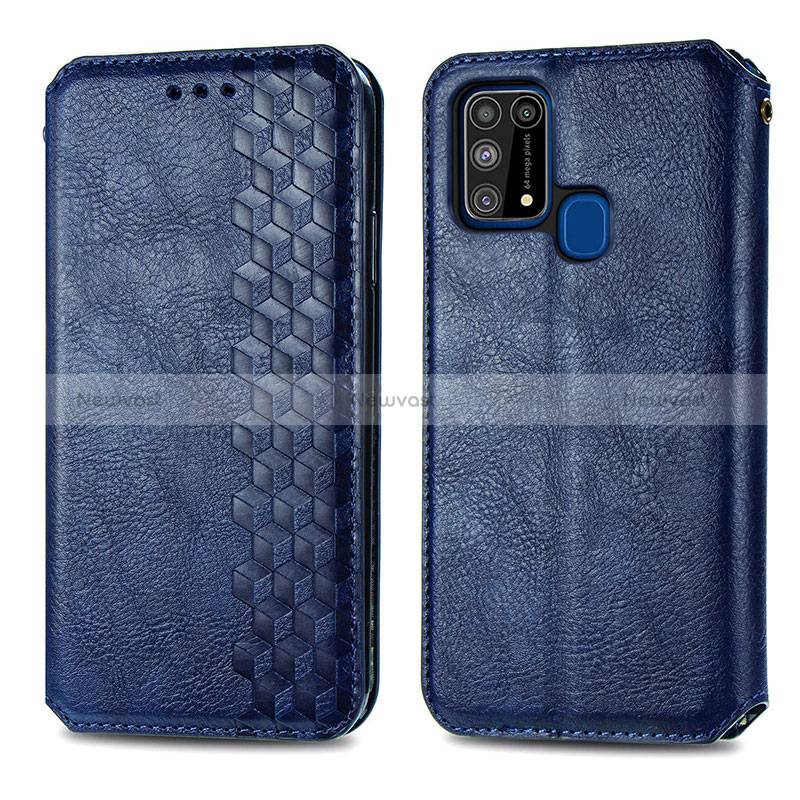 Leather Case Stands Flip Cover Holder S01D for Samsung Galaxy M21s Blue