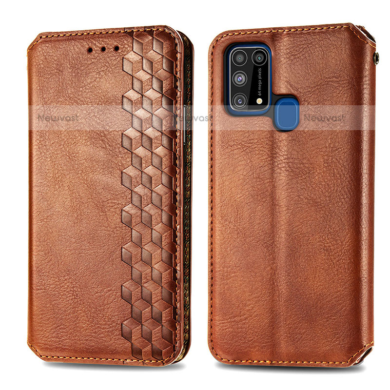 Leather Case Stands Flip Cover Holder S01D for Samsung Galaxy M31 Brown