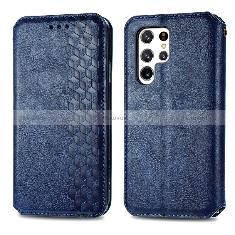 Leather Case Stands Flip Cover Holder S01D for Samsung Galaxy S24 Ultra 5G Blue