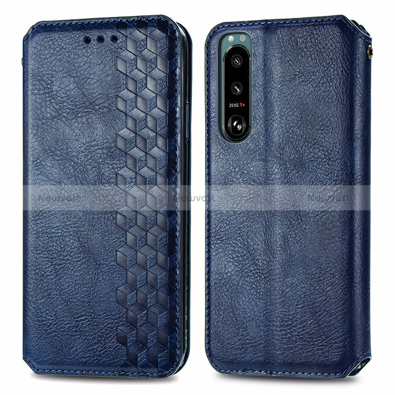 Leather Case Stands Flip Cover Holder S01D for Sony Xperia 5 III Blue