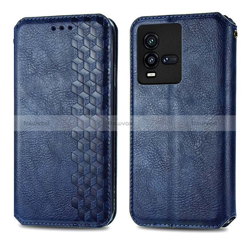 Leather Case Stands Flip Cover Holder S01D for Vivo iQOO 10 5G Blue