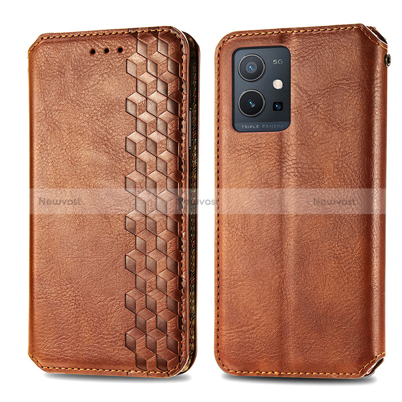 Leather Case Stands Flip Cover Holder S01D for Vivo iQOO Z6 5G Brown