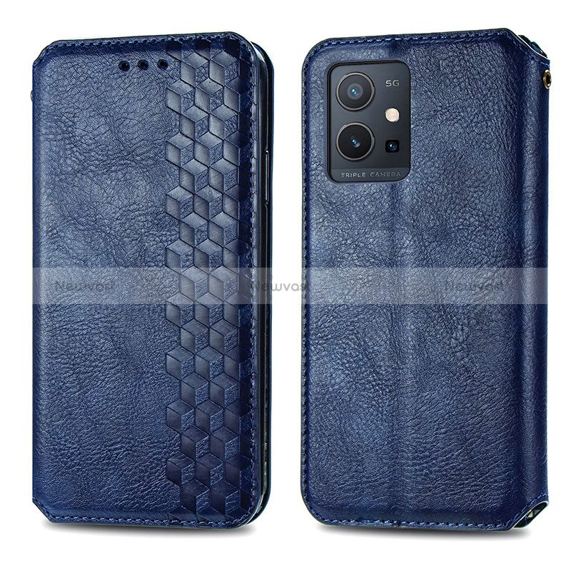 Leather Case Stands Flip Cover Holder S01D for Vivo T1 5G India Blue