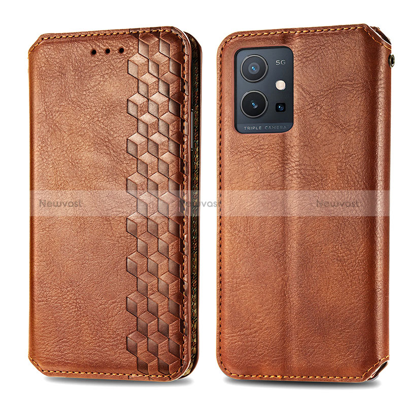 Leather Case Stands Flip Cover Holder S01D for Vivo T1 5G India Brown