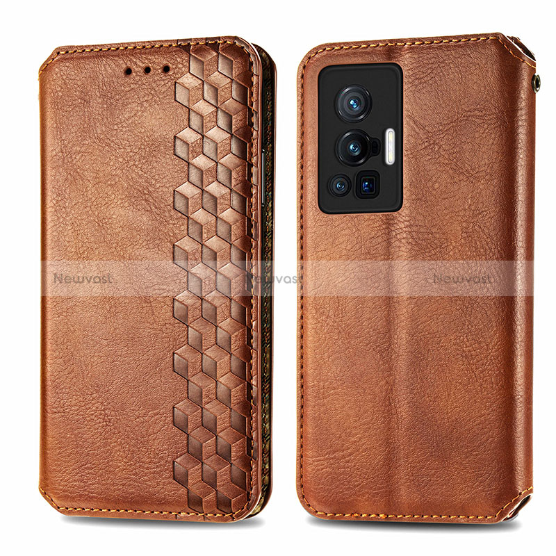 Leather Case Stands Flip Cover Holder S01D for Vivo X70 Pro 5G Brown