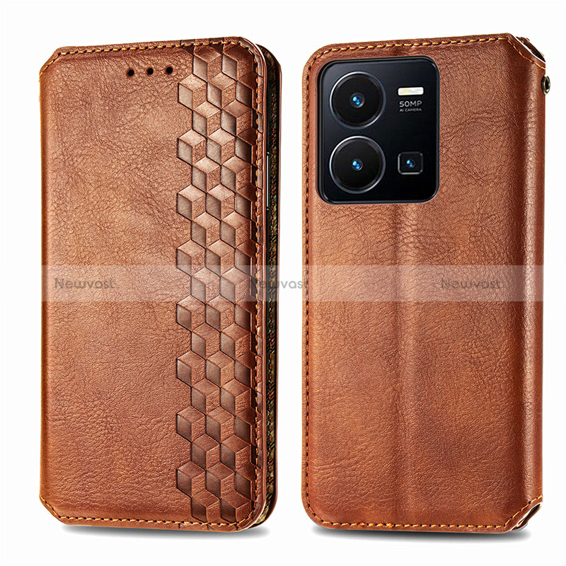Leather Case Stands Flip Cover Holder S01D for Vivo Y35 4G Brown