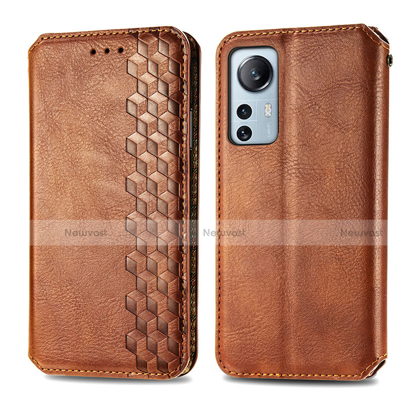 Leather Case Stands Flip Cover Holder S01D for Xiaomi Mi 12 5G Brown