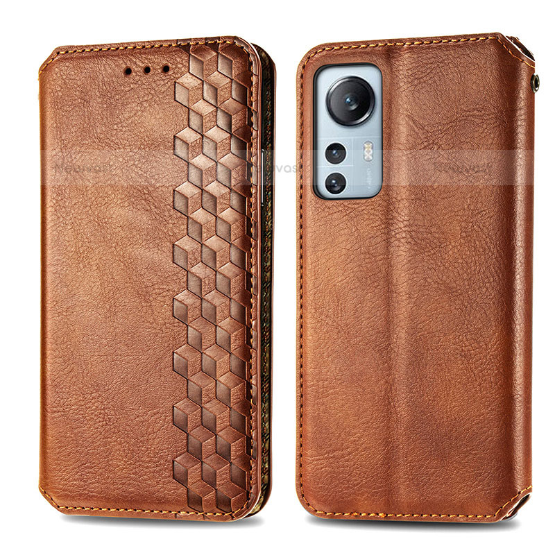 Leather Case Stands Flip Cover Holder S01D for Xiaomi Mi 12S 5G Brown