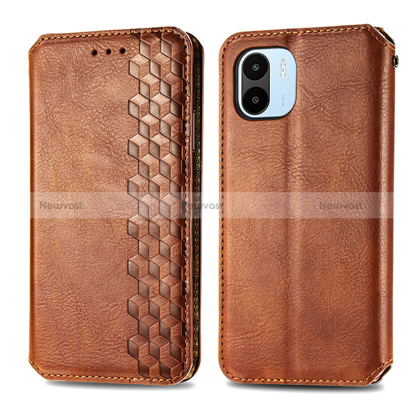 Leather Case Stands Flip Cover Holder S01D for Xiaomi Poco C51 Brown