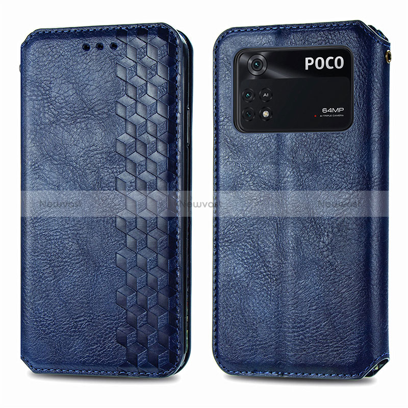 Leather Case Stands Flip Cover Holder S01D for Xiaomi Poco M4 Pro 4G Blue