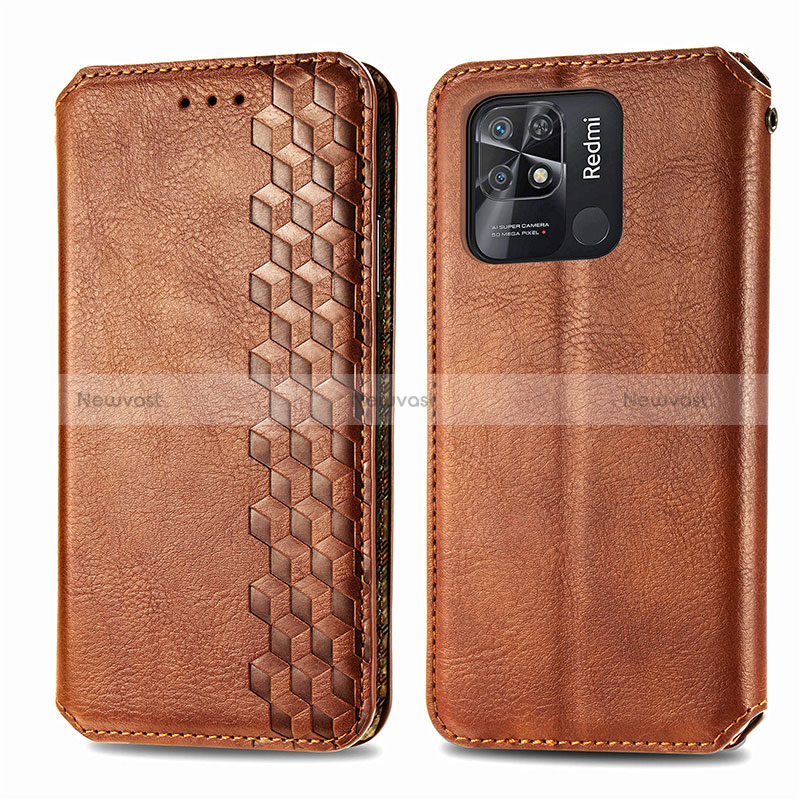 Leather Case Stands Flip Cover Holder S01D for Xiaomi Redmi 10 Power Brown