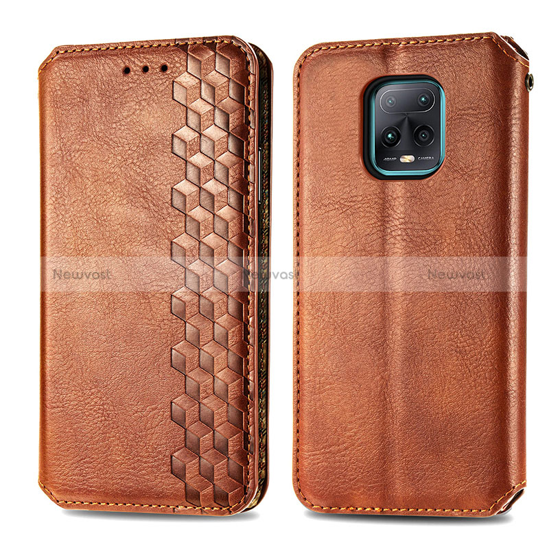 Leather Case Stands Flip Cover Holder S01D for Xiaomi Redmi 10X 5G Brown