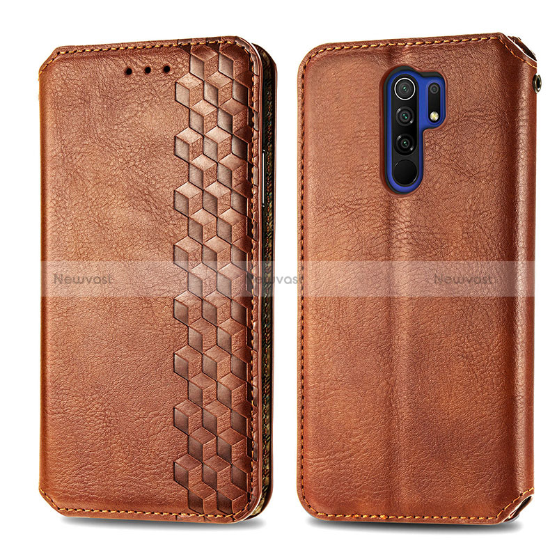 Leather Case Stands Flip Cover Holder S01D for Xiaomi Redmi 9 Brown