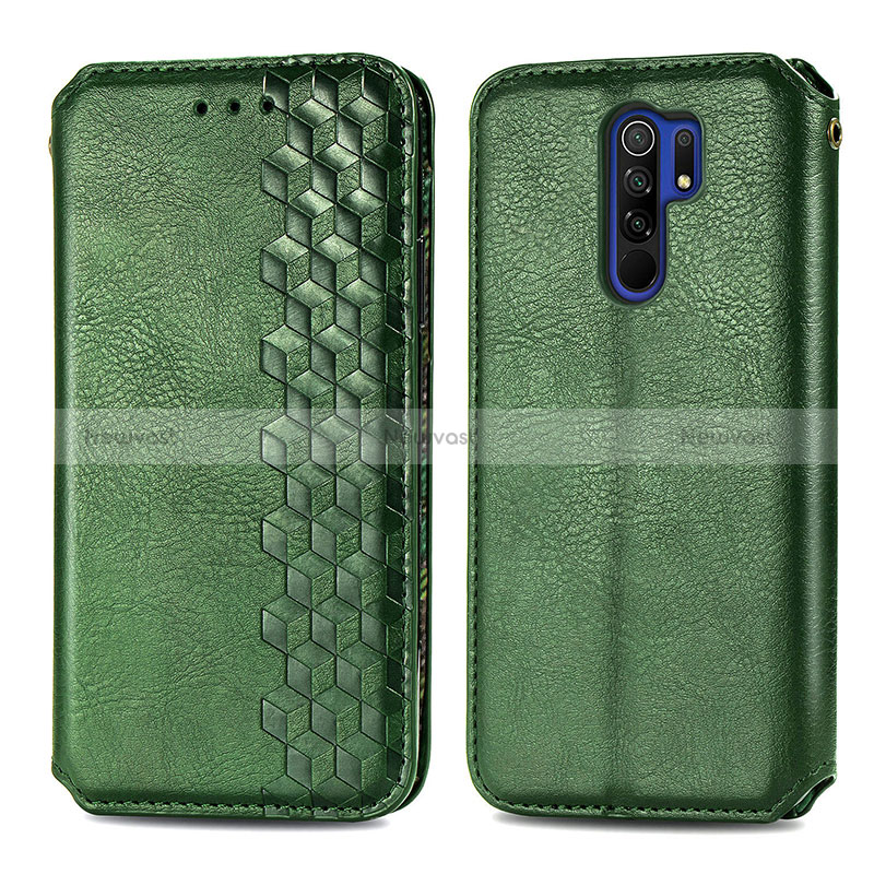 Leather Case Stands Flip Cover Holder S01D for Xiaomi Redmi 9 Prime India Green