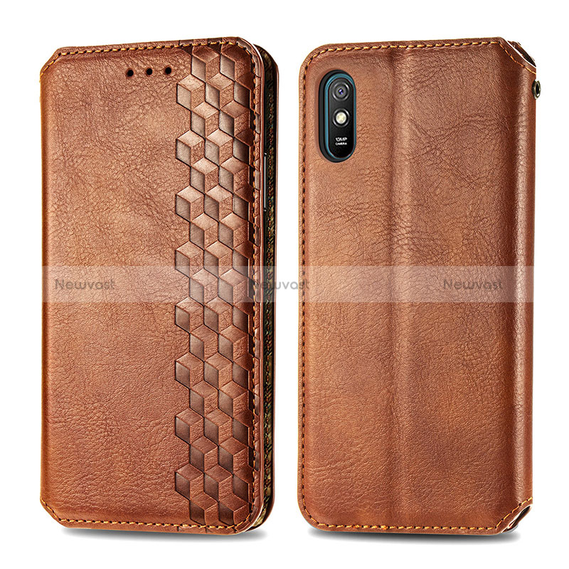 Leather Case Stands Flip Cover Holder S01D for Xiaomi Redmi 9i Brown