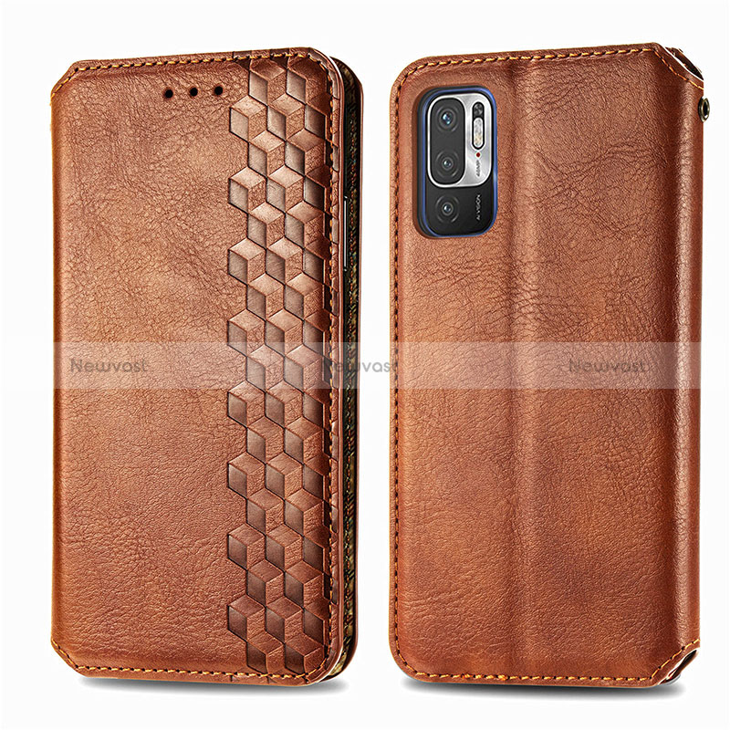 Leather Case Stands Flip Cover Holder S01D for Xiaomi Redmi Note 10 JE 5G Brown