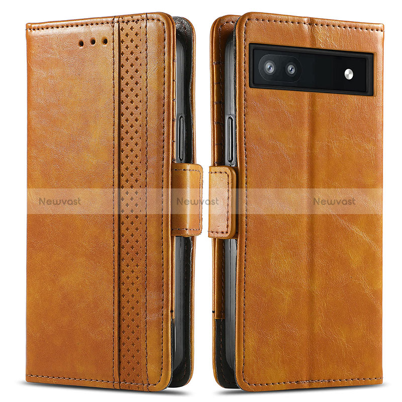 Leather Case Stands Flip Cover Holder S02D for Google Pixel 6a 5G Light Brown