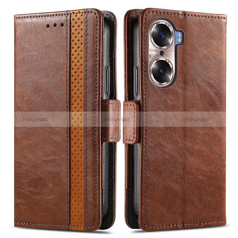 Leather Case Stands Flip Cover Holder S02D for Huawei Honor 60 Pro 5G Brown