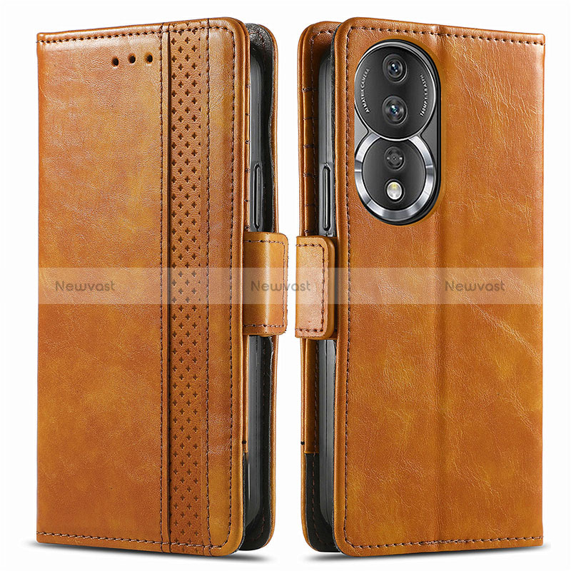 Leather Case Stands Flip Cover Holder S02D for Huawei Honor 80 5G Light Brown