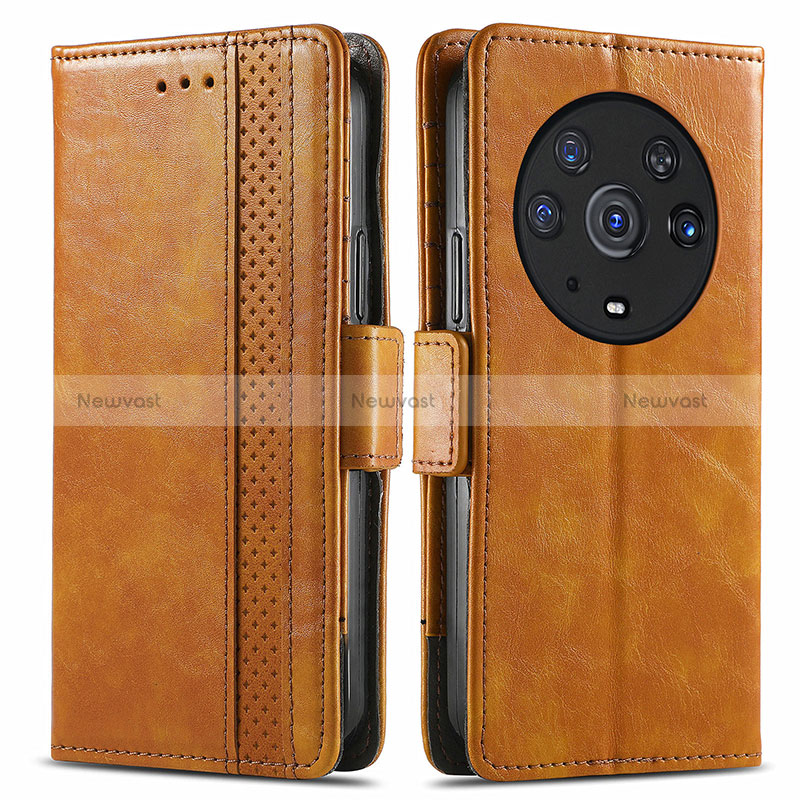 Leather Case Stands Flip Cover Holder S02D for Huawei Honor Magic3 Pro 5G Light Brown