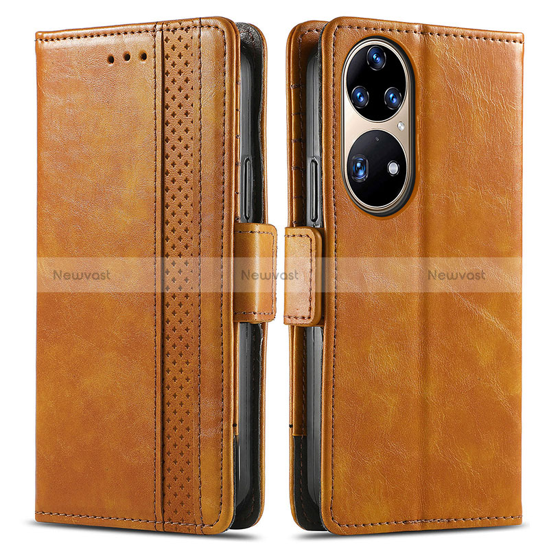 Leather Case Stands Flip Cover Holder S02D for Huawei P50e Light Brown