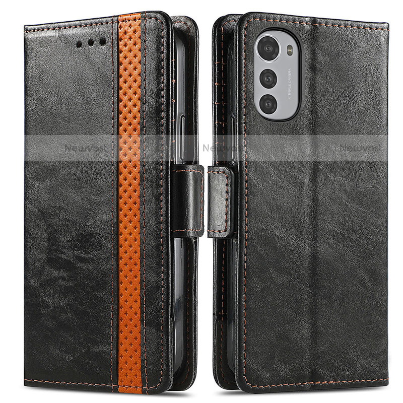 Leather Case Stands Flip Cover Holder S02D for Motorola Moto E32 Black