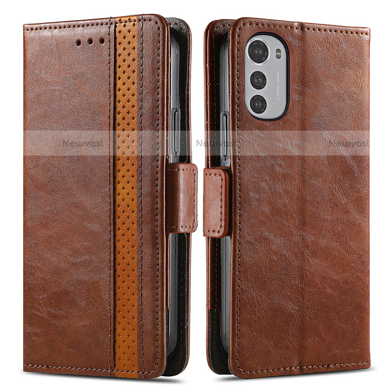 Leather Case Stands Flip Cover Holder S02D for Motorola Moto E32 Brown