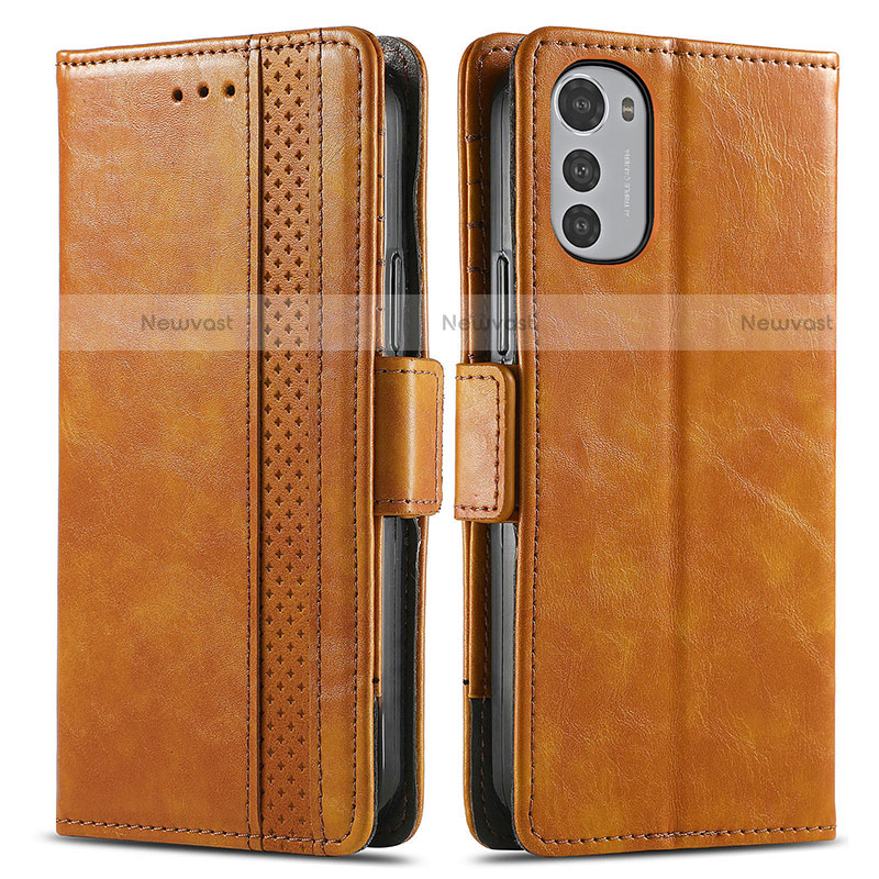 Leather Case Stands Flip Cover Holder S02D for Motorola Moto E32 Light Brown