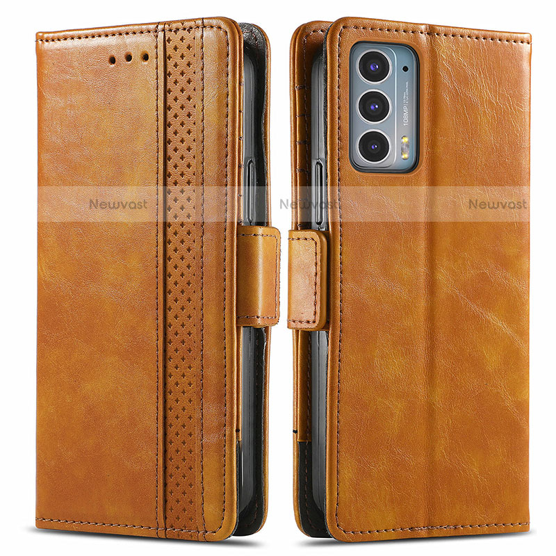 Leather Case Stands Flip Cover Holder S02D for Motorola Moto Edge 20 5G Light Brown