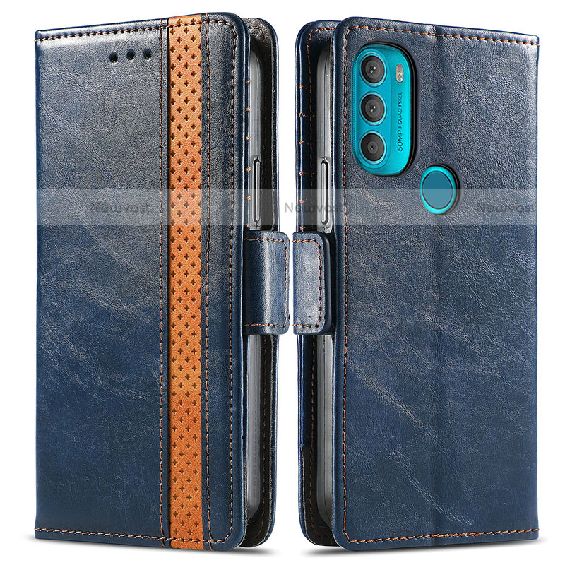 Leather Case Stands Flip Cover Holder S02D for Motorola Moto G71 5G Blue