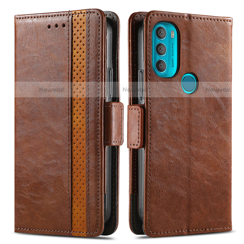 Leather Case Stands Flip Cover Holder S02D for Motorola Moto G71 5G Brown