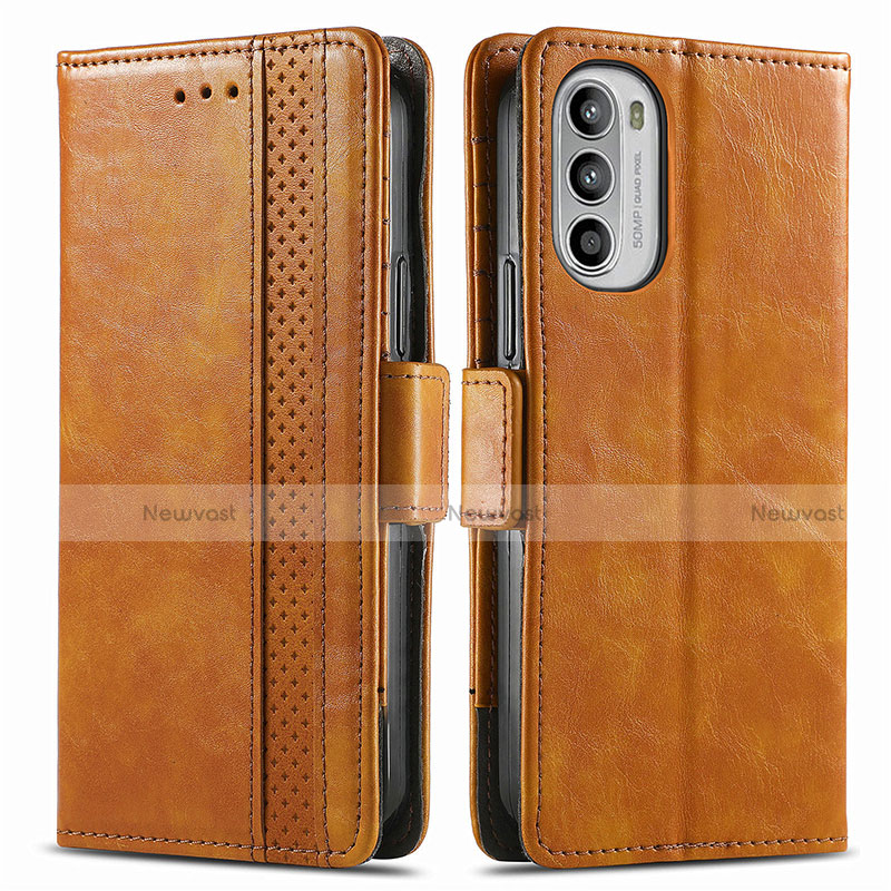 Leather Case Stands Flip Cover Holder S02D for Motorola Moto G71s 5G Light Brown