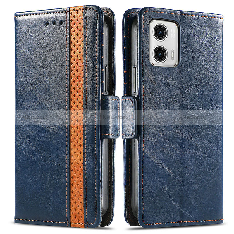 Leather Case Stands Flip Cover Holder S02D for Motorola Moto G73 5G Blue