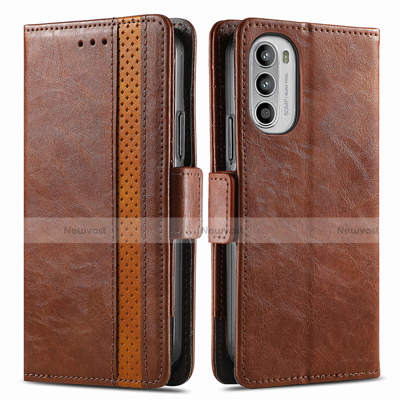 Leather Case Stands Flip Cover Holder S02D for Motorola Moto G82 5G Brown