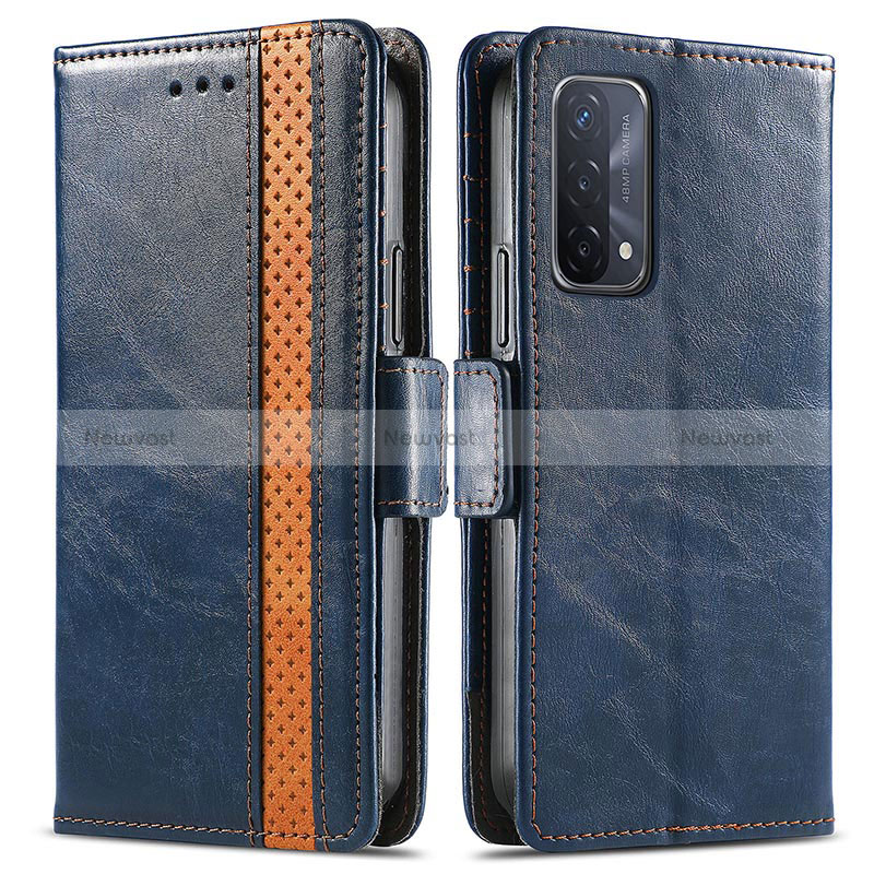 Leather Case Stands Flip Cover Holder S02D for Oppo A54 5G Blue