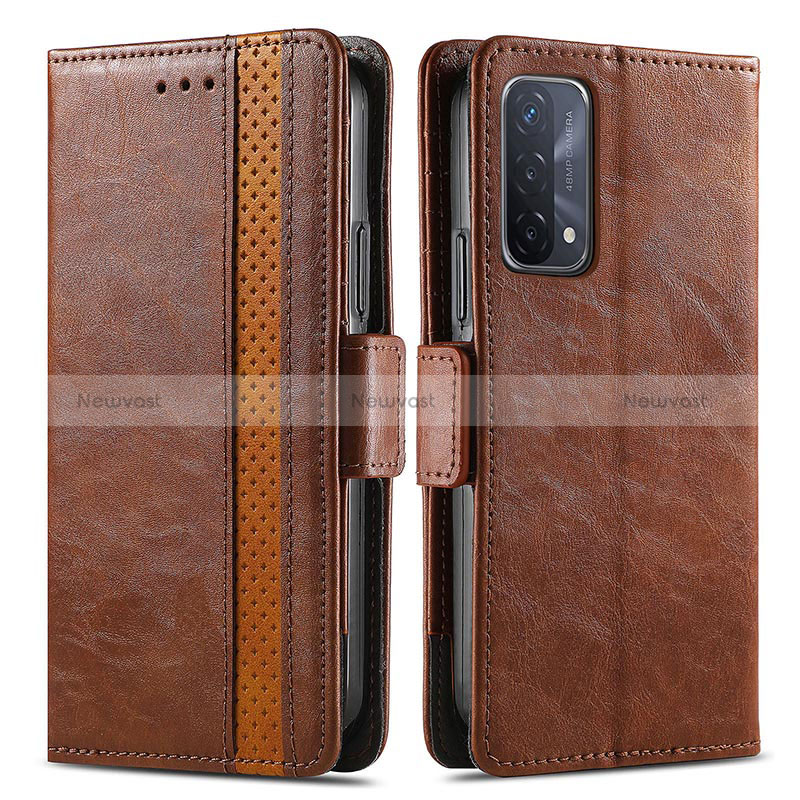 Leather Case Stands Flip Cover Holder S02D for Oppo A54 5G Brown