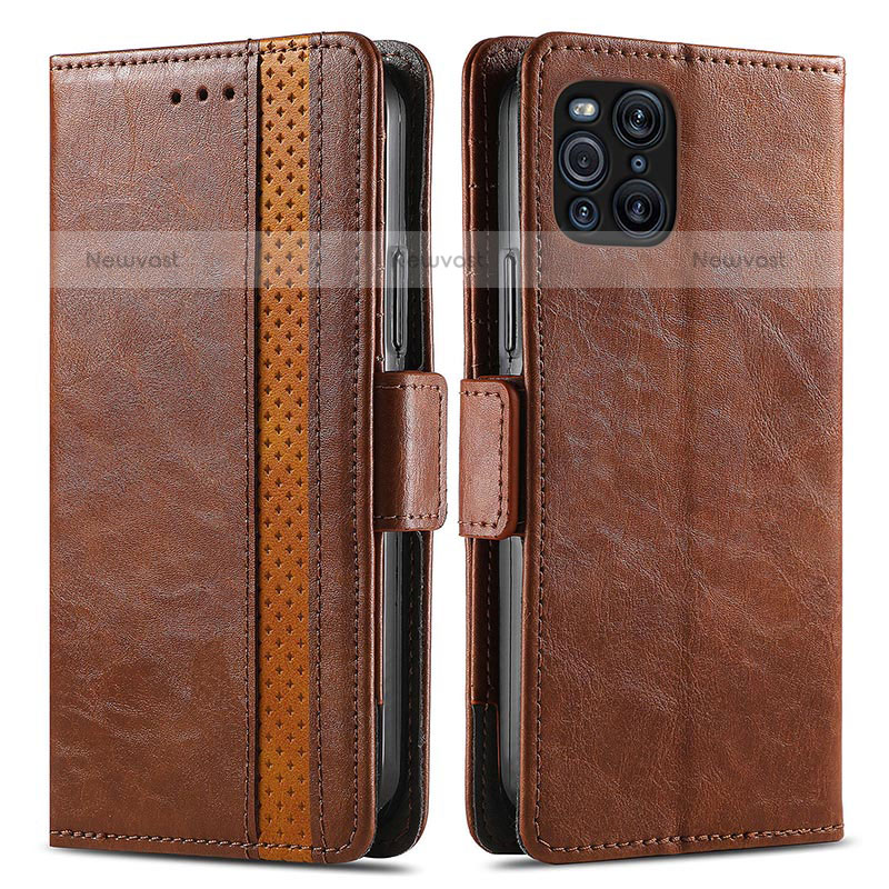 Leather Case Stands Flip Cover Holder S02D for Oppo Find X3 Pro 5G Brown