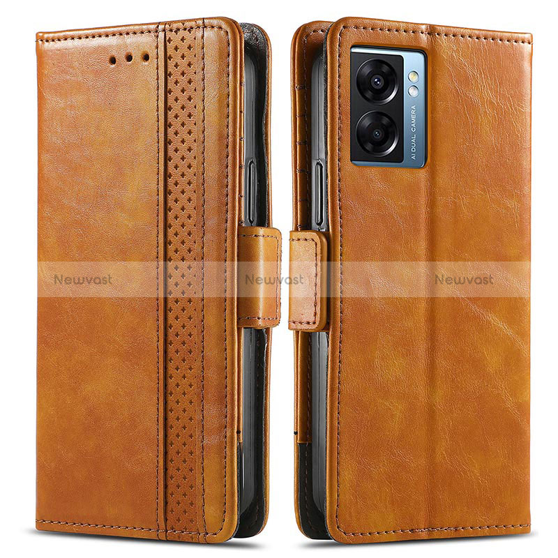 Leather Case Stands Flip Cover Holder S02D for Oppo K10 5G India Light Brown