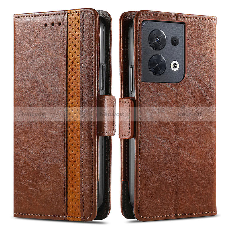 Leather Case Stands Flip Cover Holder S02D for Oppo Reno9 5G Brown