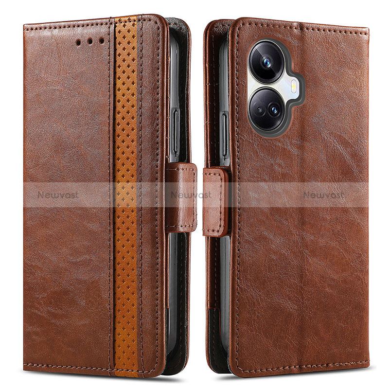 Leather Case Stands Flip Cover Holder S02D for Realme 10 Pro+ Plus 5G Brown