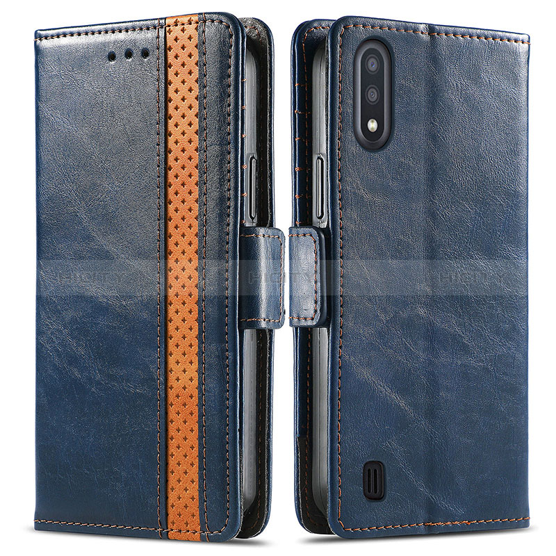 Leather Case Stands Flip Cover Holder S02D for Samsung Galaxy A01 SM-A015 Blue