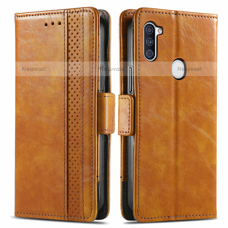 Leather Case Stands Flip Cover Holder S02D for Samsung Galaxy A11 Light Brown