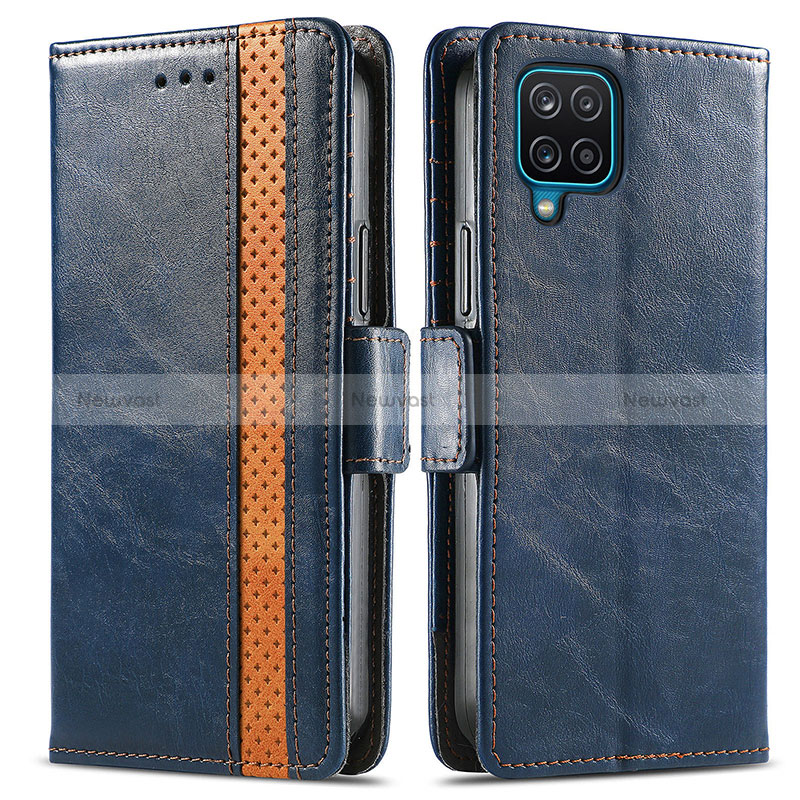 Leather Case Stands Flip Cover Holder S02D for Samsung Galaxy A12 Nacho Blue