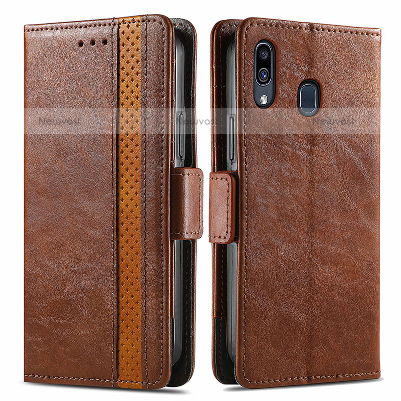 Leather Case Stands Flip Cover Holder S02D for Samsung Galaxy A20 Brown