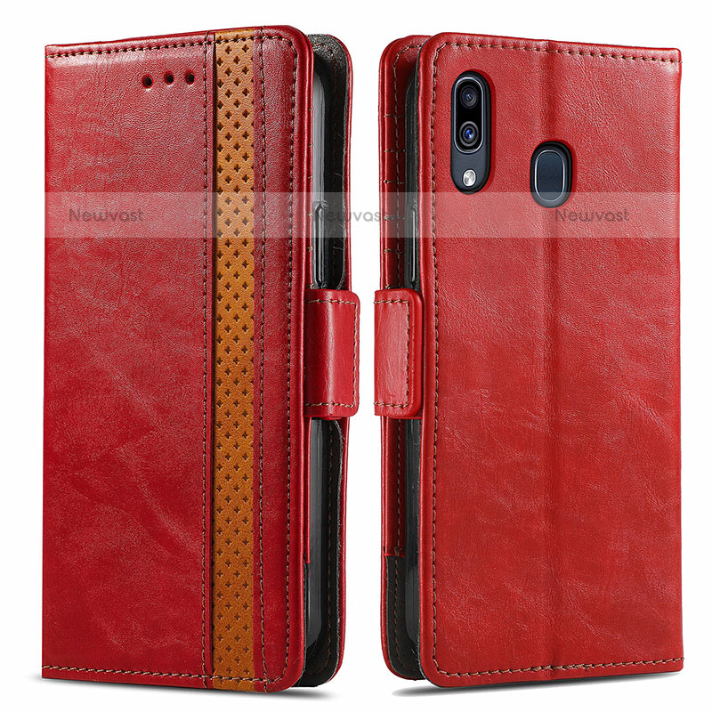 Leather Case Stands Flip Cover Holder S02D for Samsung Galaxy A20 Red