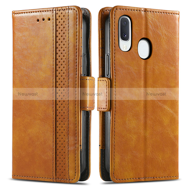 Leather Case Stands Flip Cover Holder S02D for Samsung Galaxy A20e Light Brown