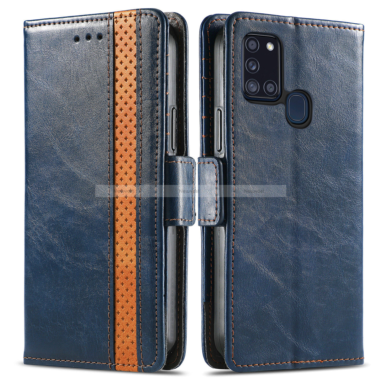 Leather Case Stands Flip Cover Holder S02D for Samsung Galaxy A21s Blue